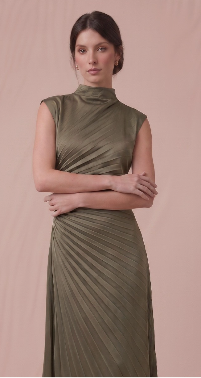 Olive Pleated Mock Neck Midi Dress