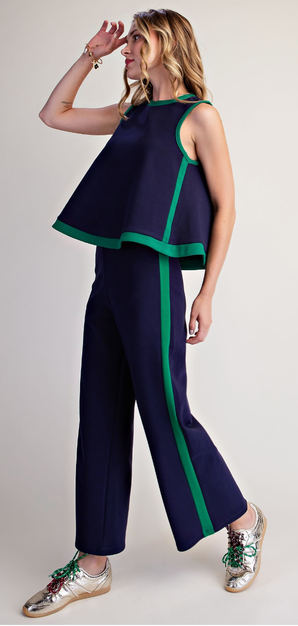Contrast Trim Sleeveless Top &amp; Wide Leg Pants Set