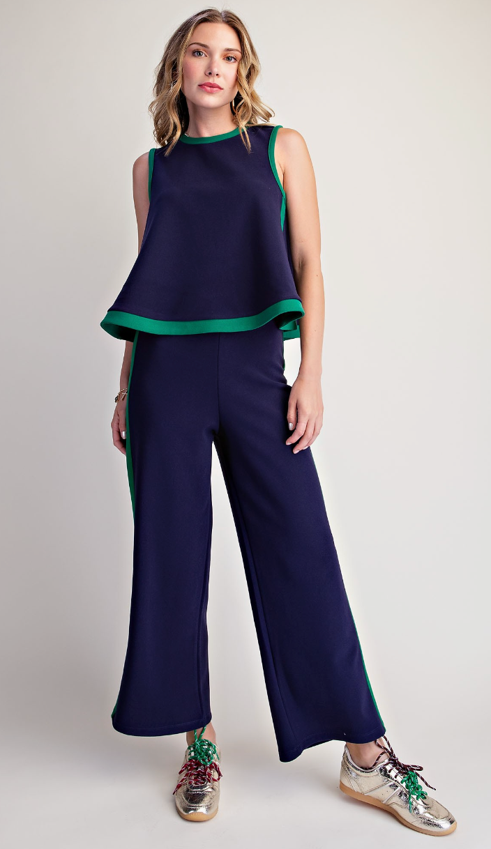 Contrast Trim Sleeveless Top &amp; Wide Leg Pants Set