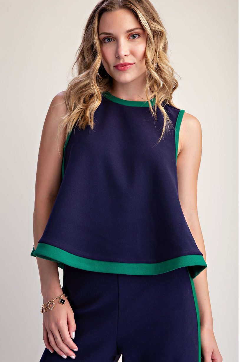 Contrast Trim Sleeveless Top &amp; Wide Leg Pants Set