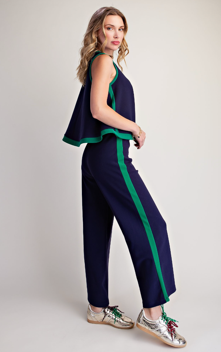 Contrast Trim Sleeveless Top &amp; Wide Leg Pants Set