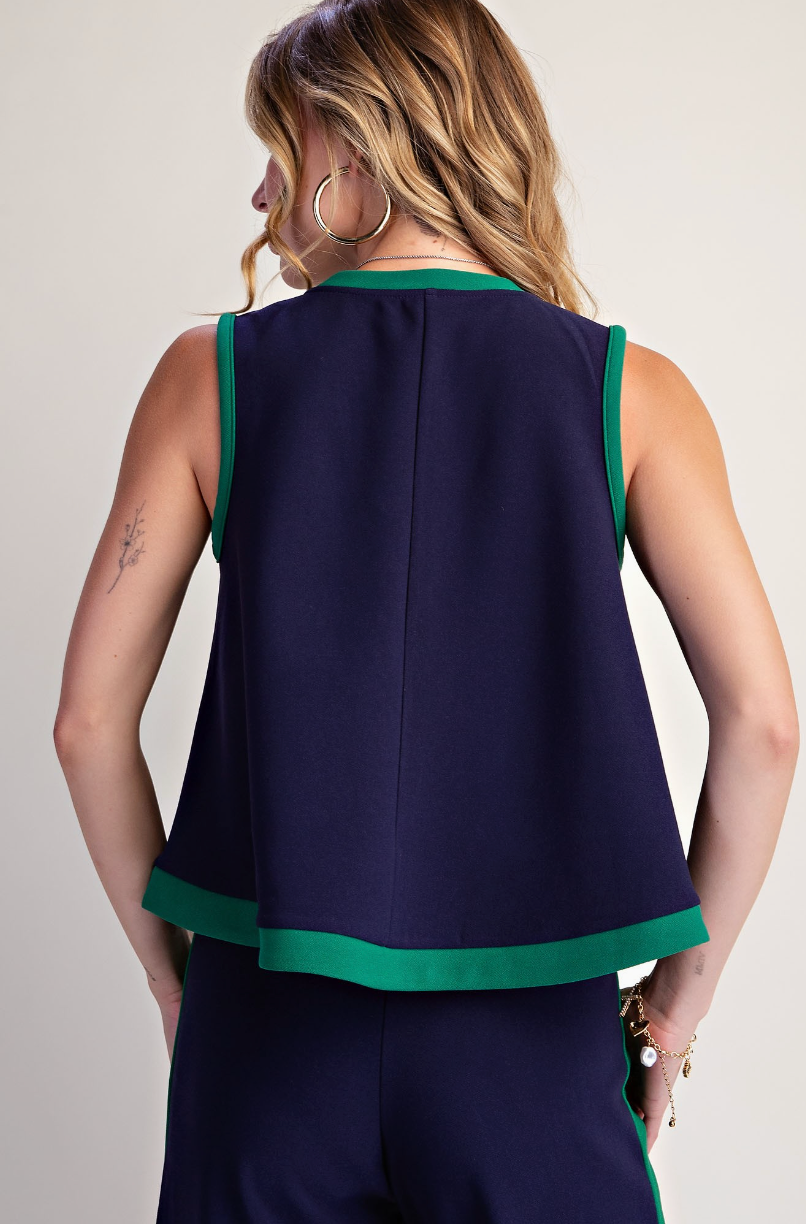 Contrast Trim Sleeveless Top &amp; Wide Leg Pants Set