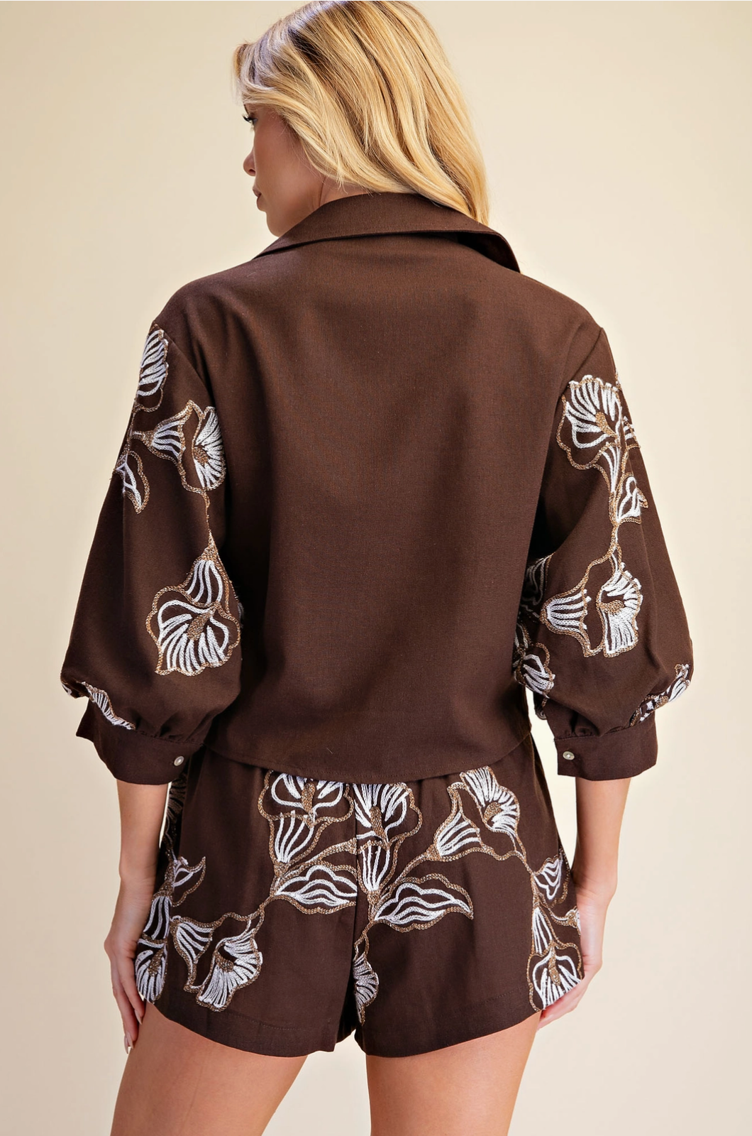 Chocolate Bloom Embroidered Shorts Set