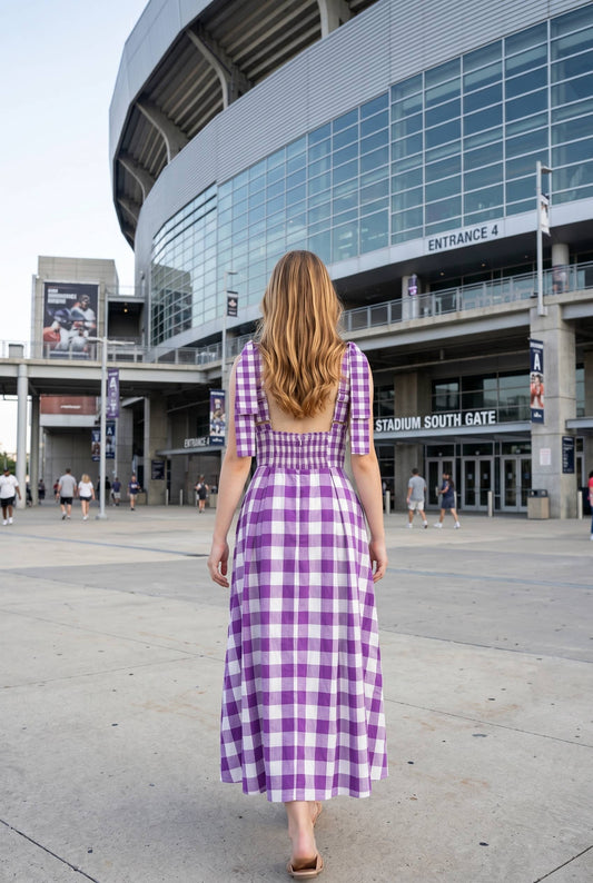 Purple Check Tie Strap Maxi Dress