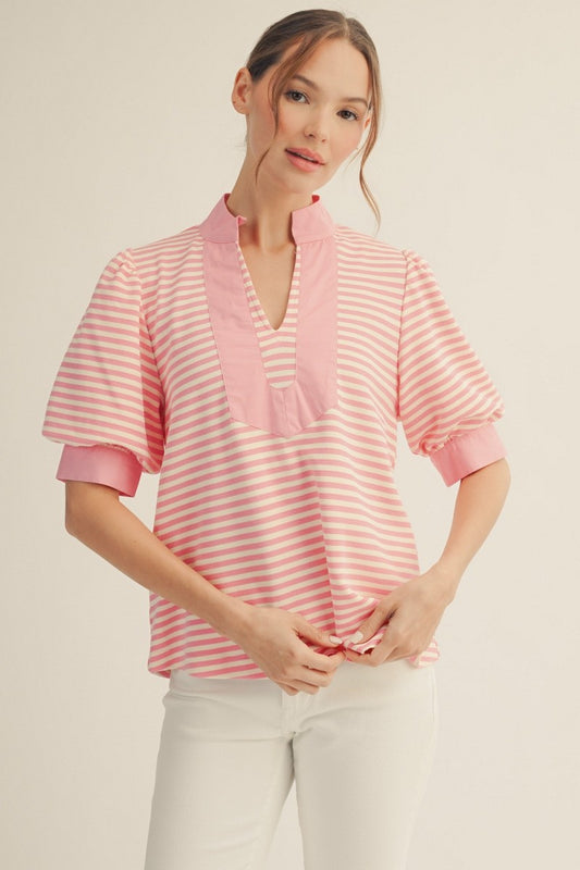 Pink Stripe Puff Sleeve Top – Plus