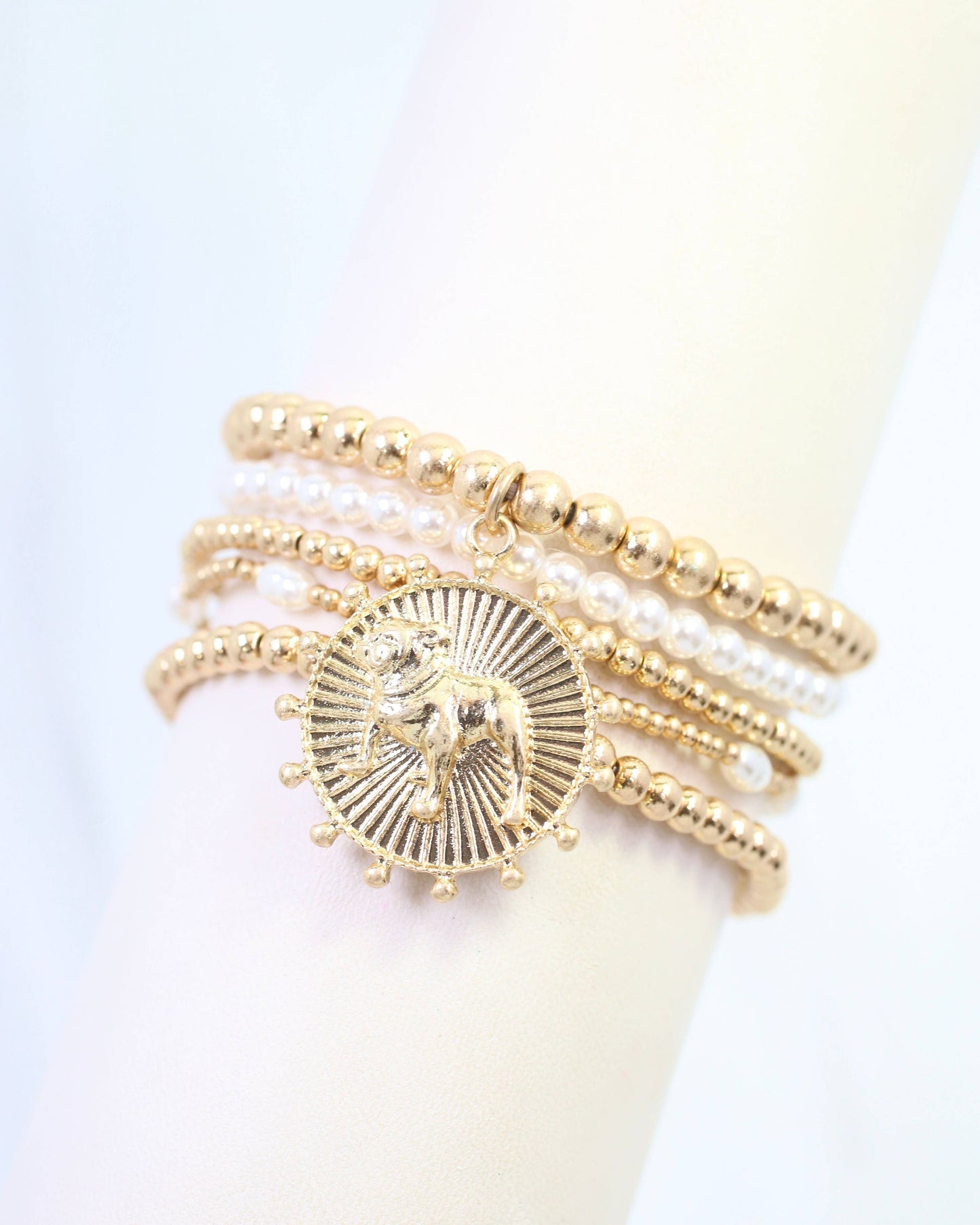 Carmen Coin Beaded Bracelet Set Standing Dog Worn Gold