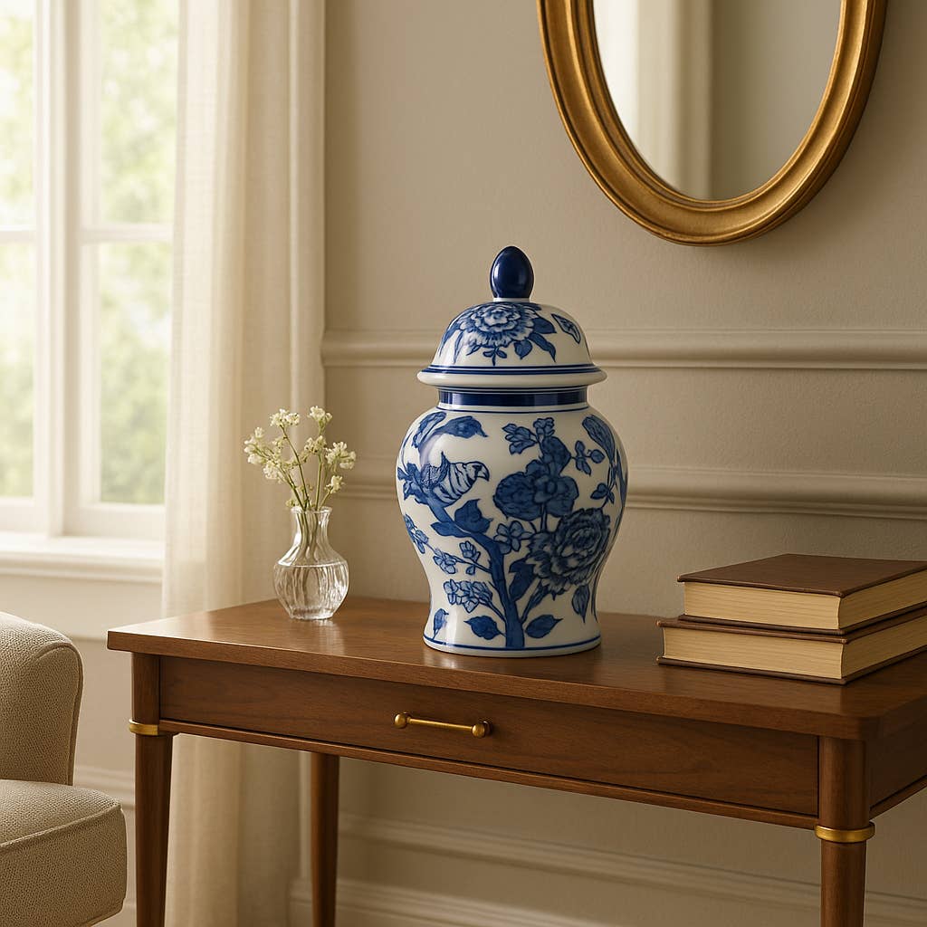 Blue Ceramic Chinoiserie Bird/Flower Jar, 9 in.
