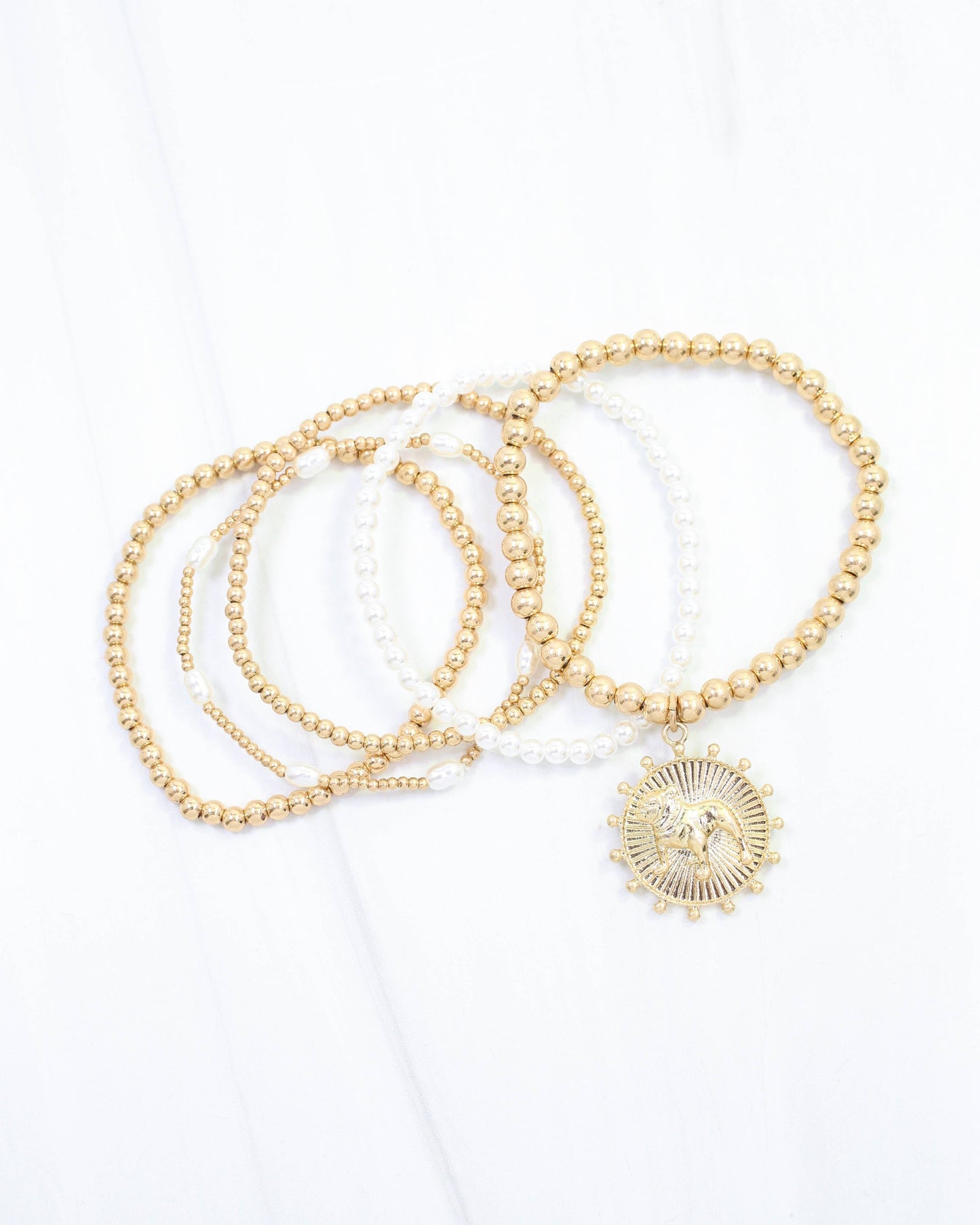 Carmen Coin Beaded Bracelet Set Standing Dog Worn Gold