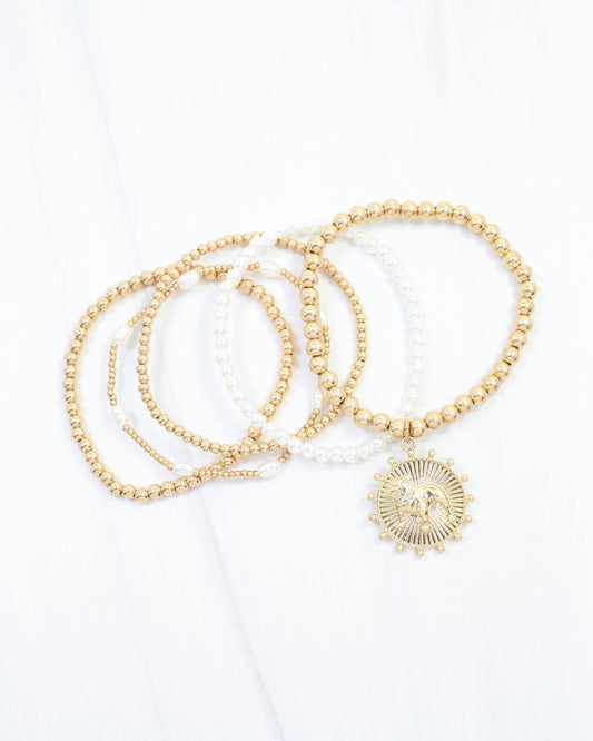Carmen Coin Beaded Bracelet Set Standing Dog Worn Gold