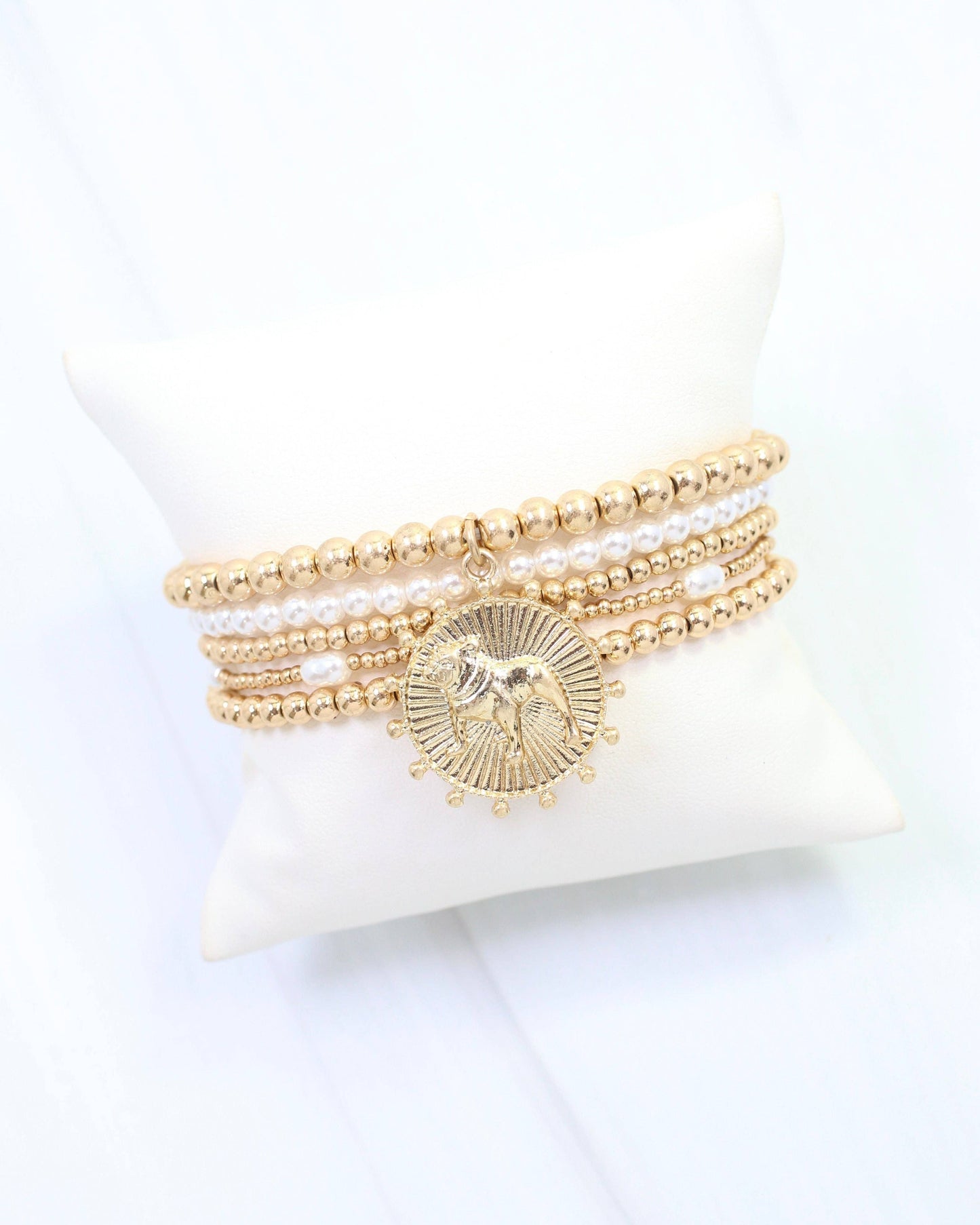 Carmen Coin Beaded Bracelet Set Standing Dog Worn Gold