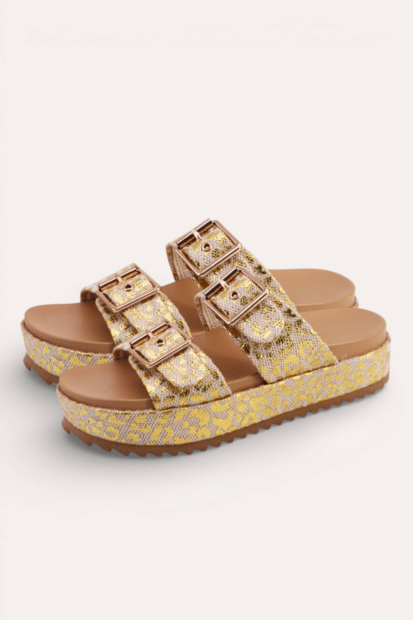 Gold Linen Platform Double Strap Sandal